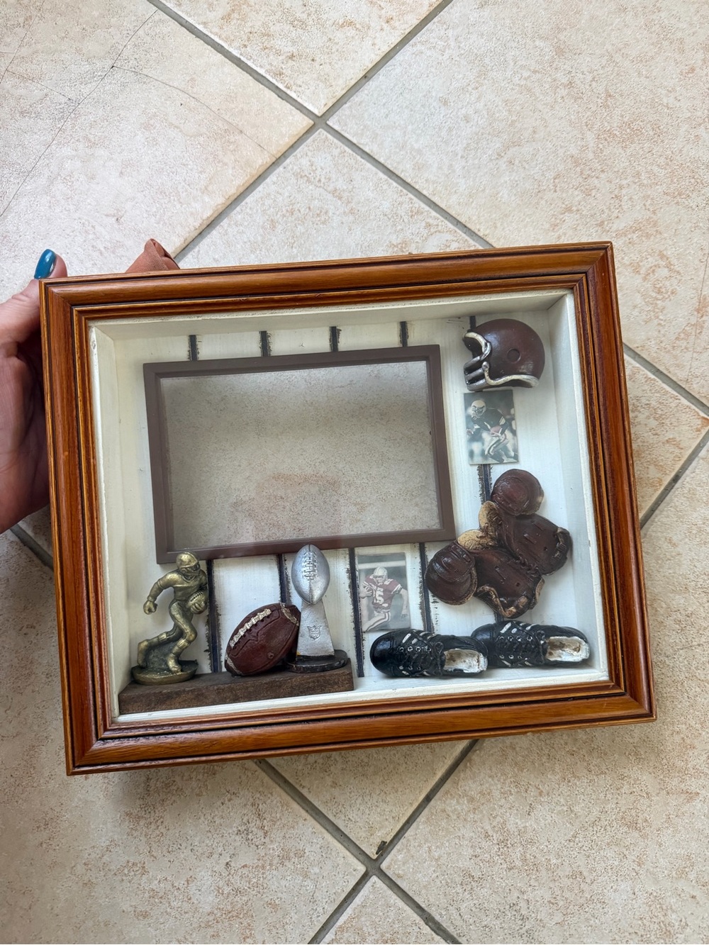 Brown Football Shadow Box Picture Frame with Team Memorabilia